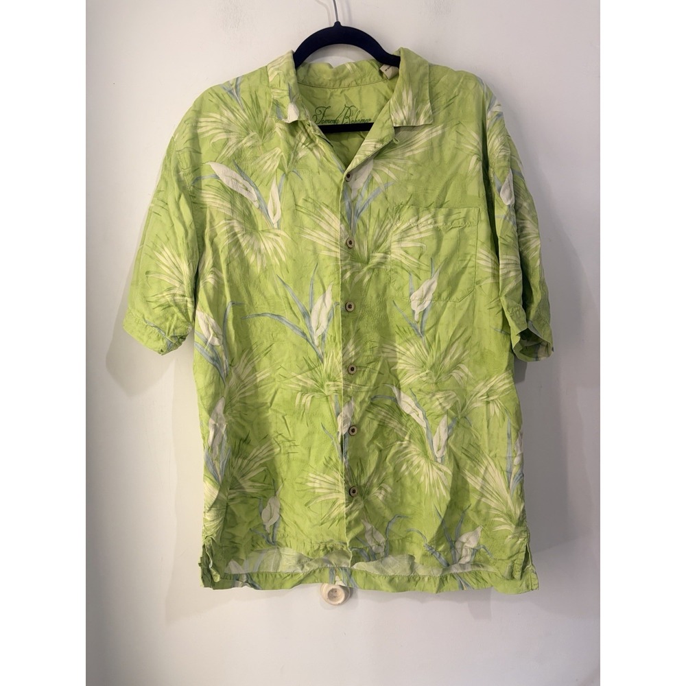 Vintage Tommy Bahama Men's L 100% Silk Textured Hawaiian Shirt Green Floral
